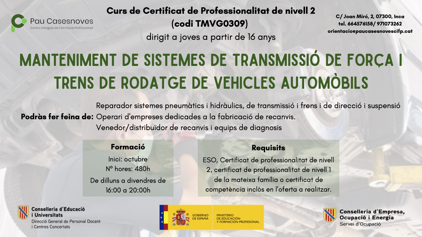 MANTENIMENT DE SISTEMES DE TRANSMISSIÓ DE FORCES I TRENS DE RODATGE DE VEHICLES AUTOMÒBILS